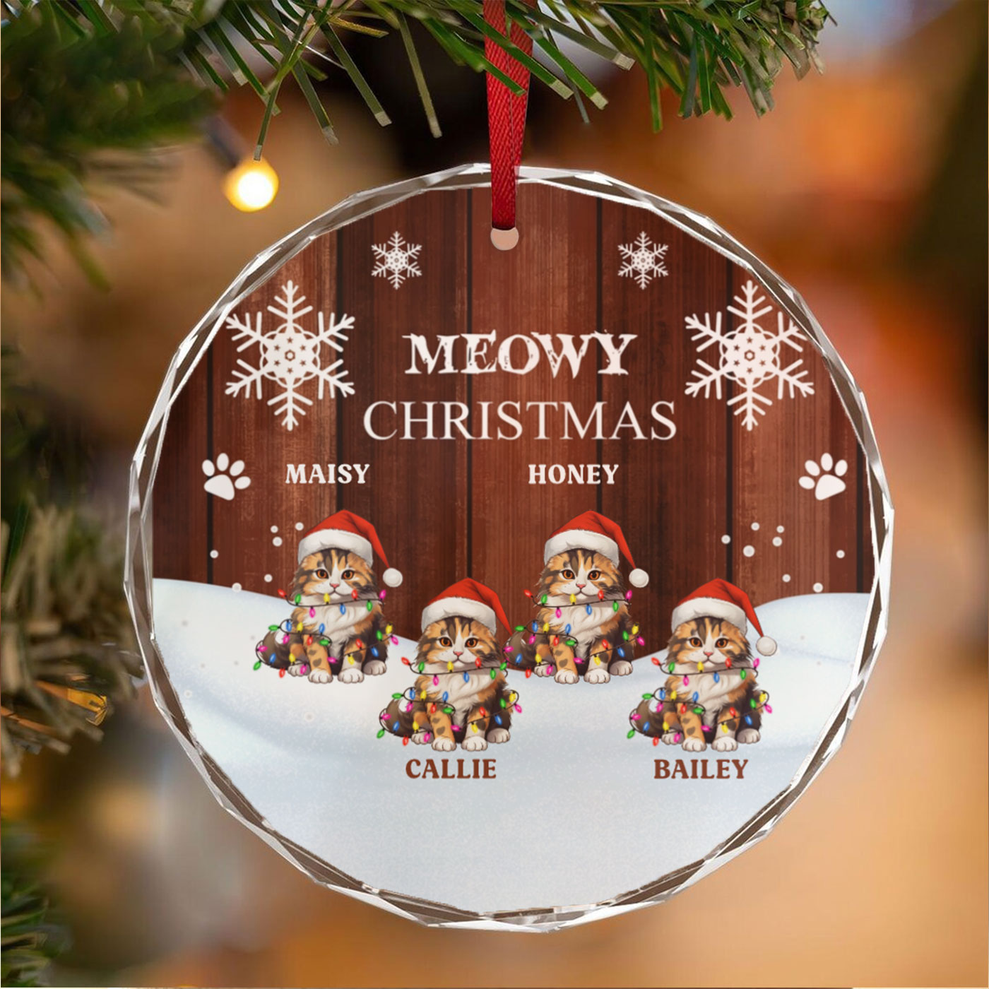 Personalized "Meowy Christmas" Crystal Glass Ornament – Custom Cat Names for Premium Holiday Decor